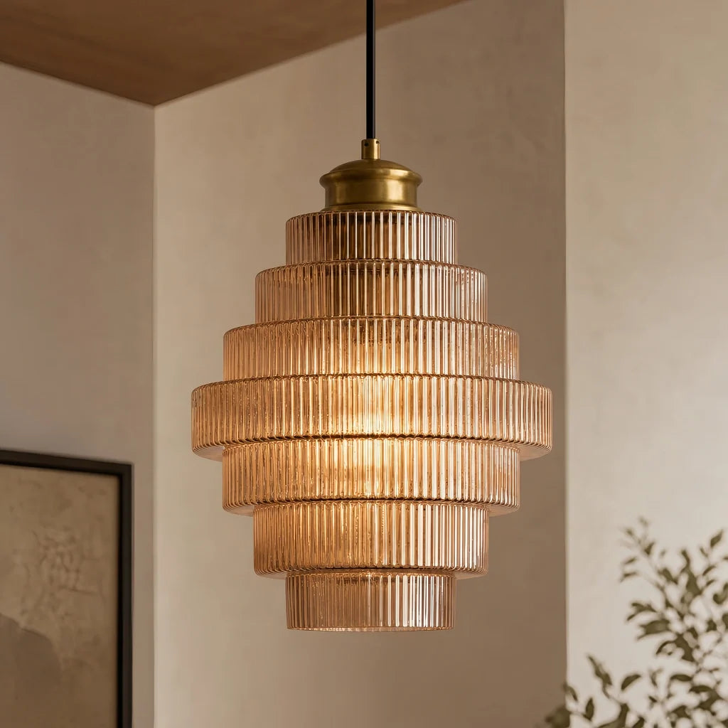 Antique Brass Striped Stained Glass Bottle Pendant Light