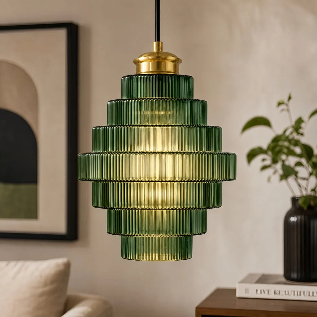 Antique Brass Striped Stained Glass Bottle Pendant Light