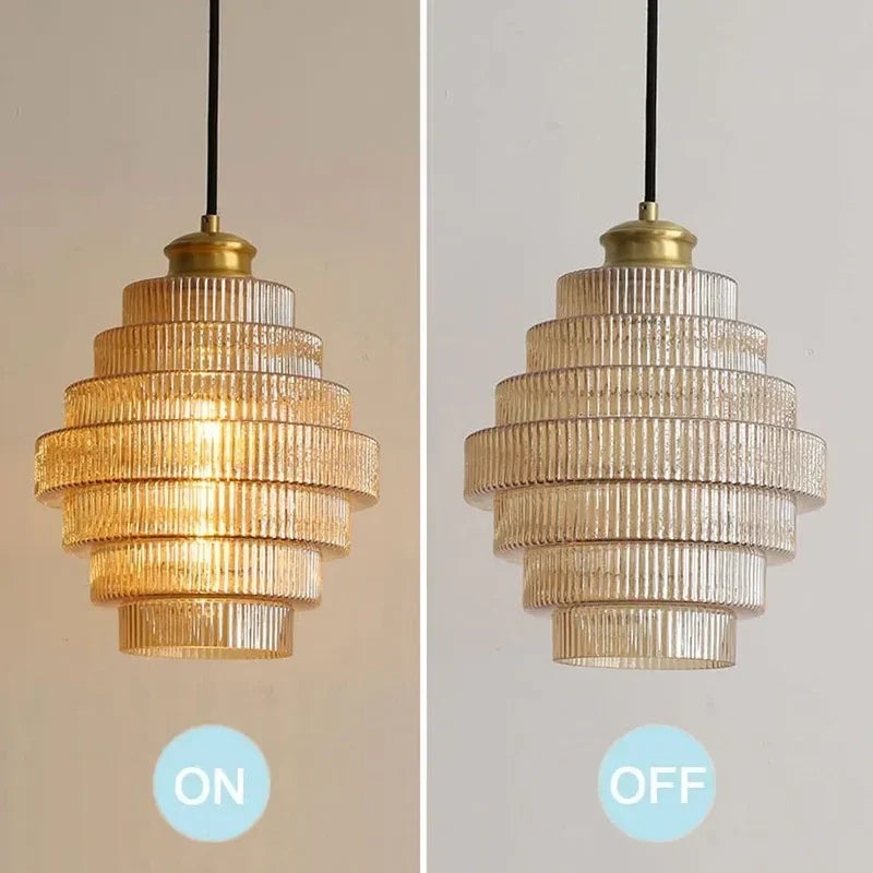 Antique Brass Striped Stained Glass Bottle Pendant Light