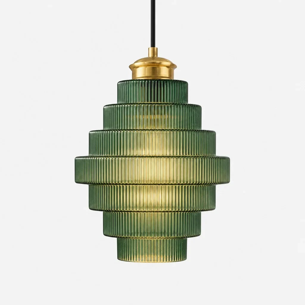 Antique Brass Striped Stained Glass Bottle Pendant Light