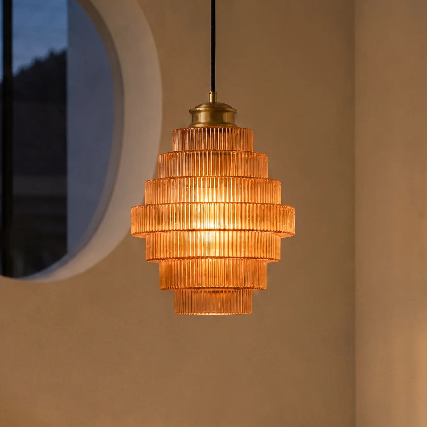 Antique Brass Striped Stained Glass Bottle Pendant Light