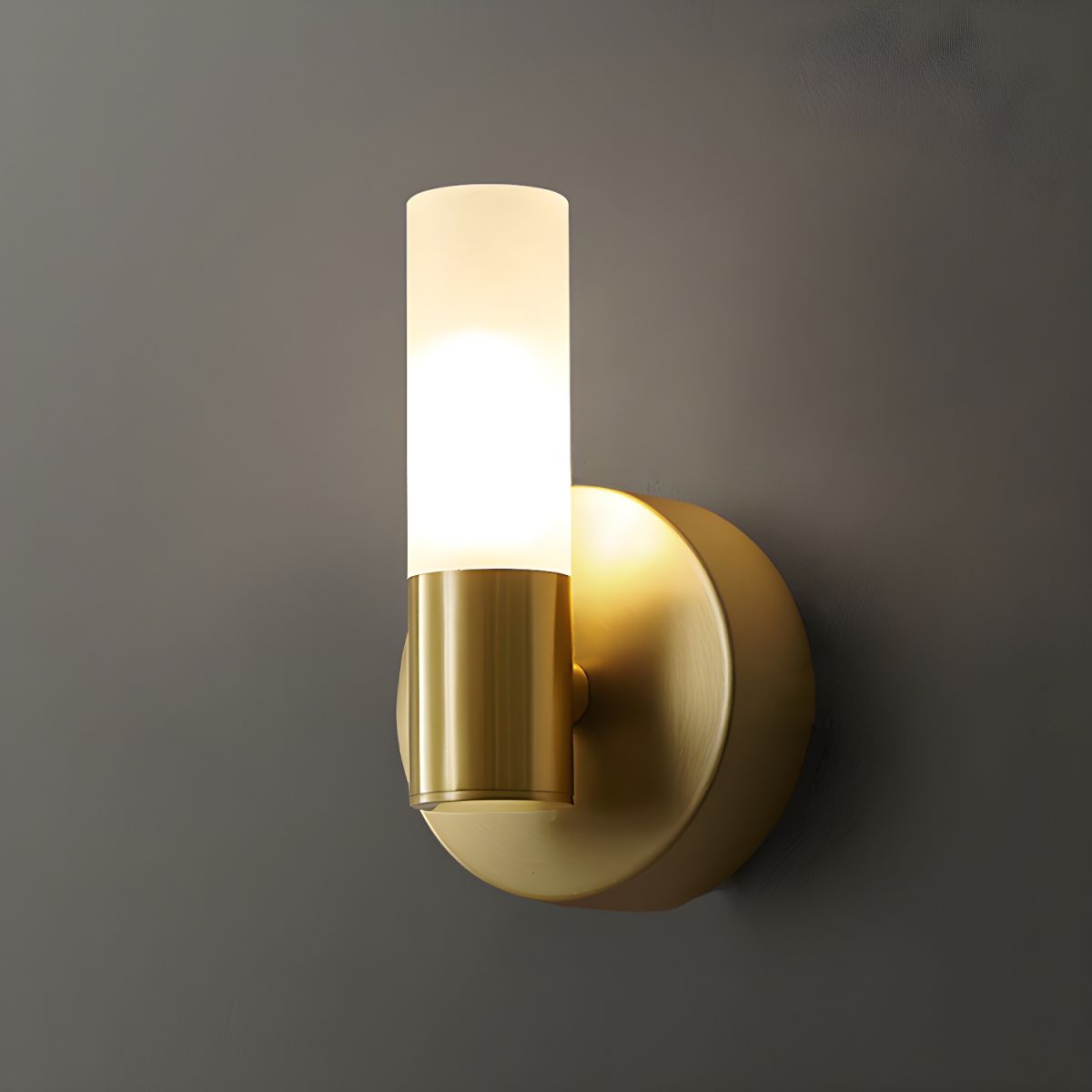 Brass LED Wall Light with Cylindrical Milk Shade