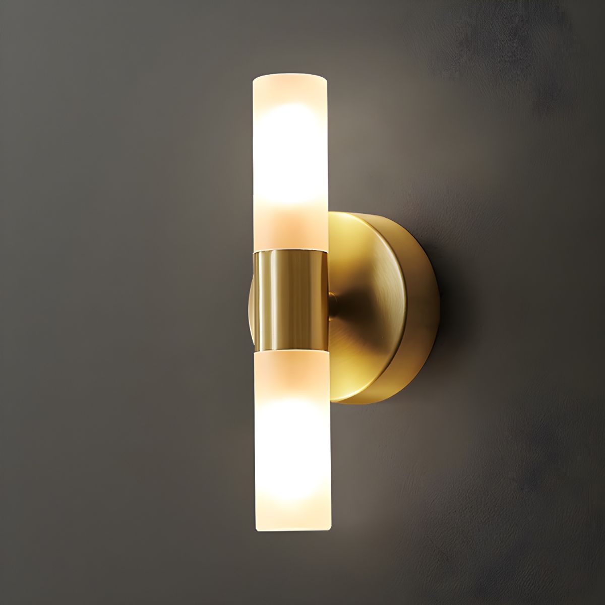 Brass LED Wall Light with Cylindrical Milk Shade