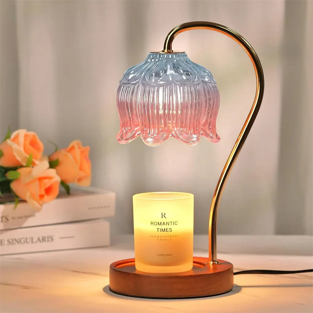 Candle Warmer Lamp with Retro Glass Shade & Solid Wood Base