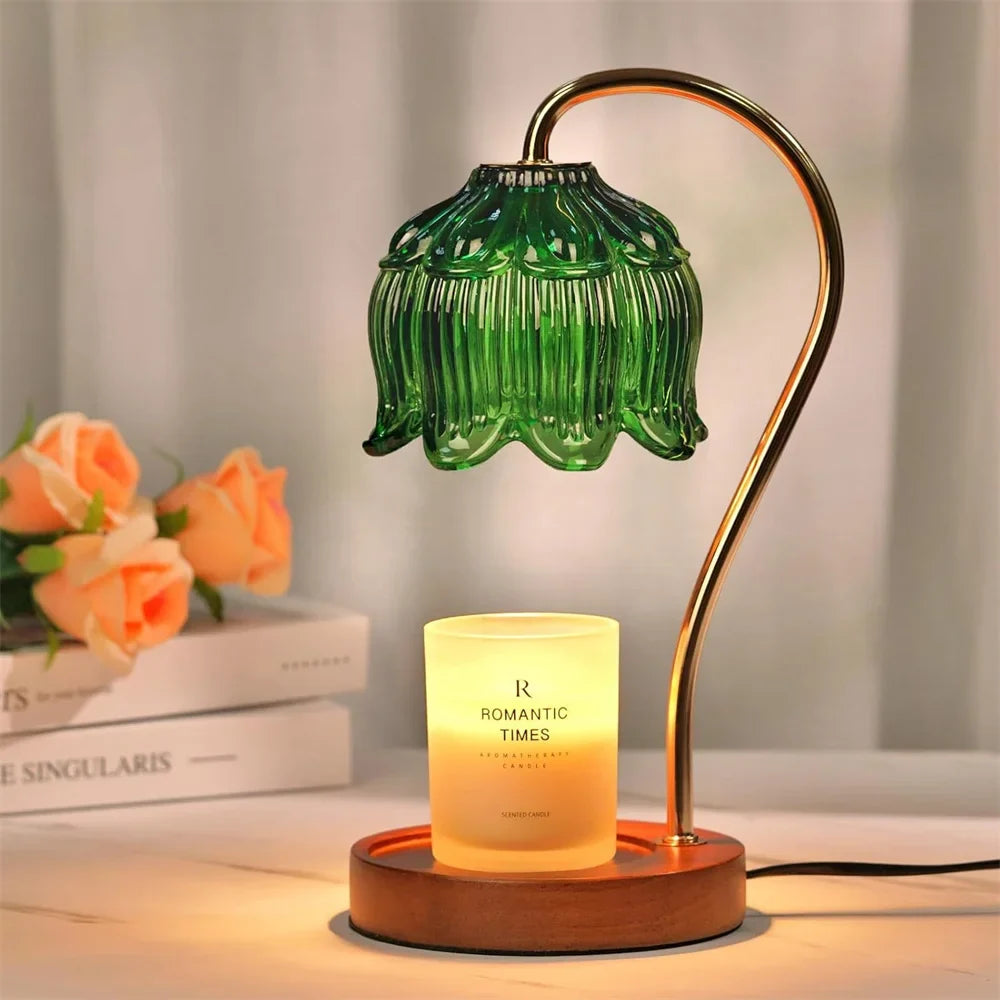 Candle Warmer Lamp with Retro Glass Shade & Solid Wood Base