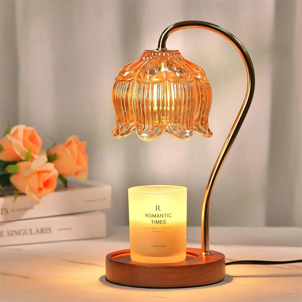 Candle Warmer Lamp with Retro Glass Shade & Solid Wood Base