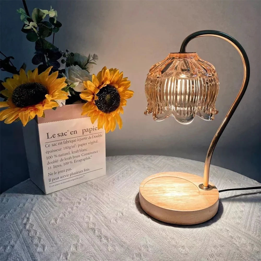 Candle Warmer Lamp with Retro Glass Shade & Solid Wood Base