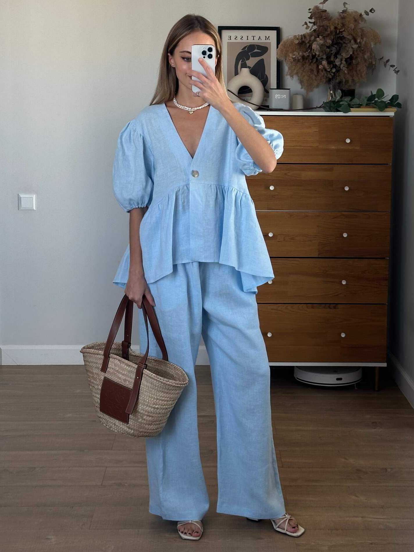 Women's Cotton Linen Two-Piece Set – Ruffled Bubble Sleeve Design