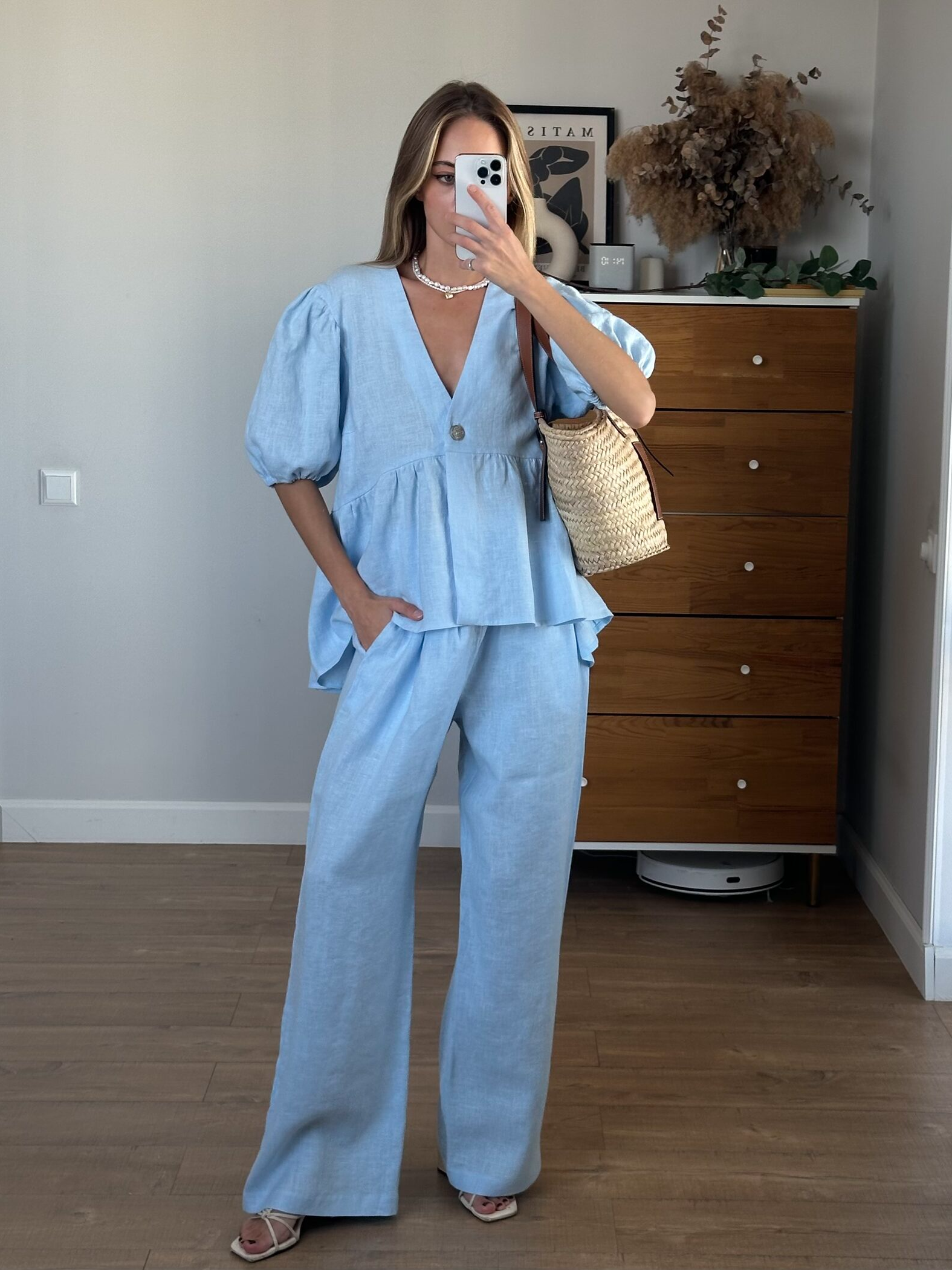 Women's Cotton Linen Two-Piece Set – Ruffled Bubble Sleeve Design