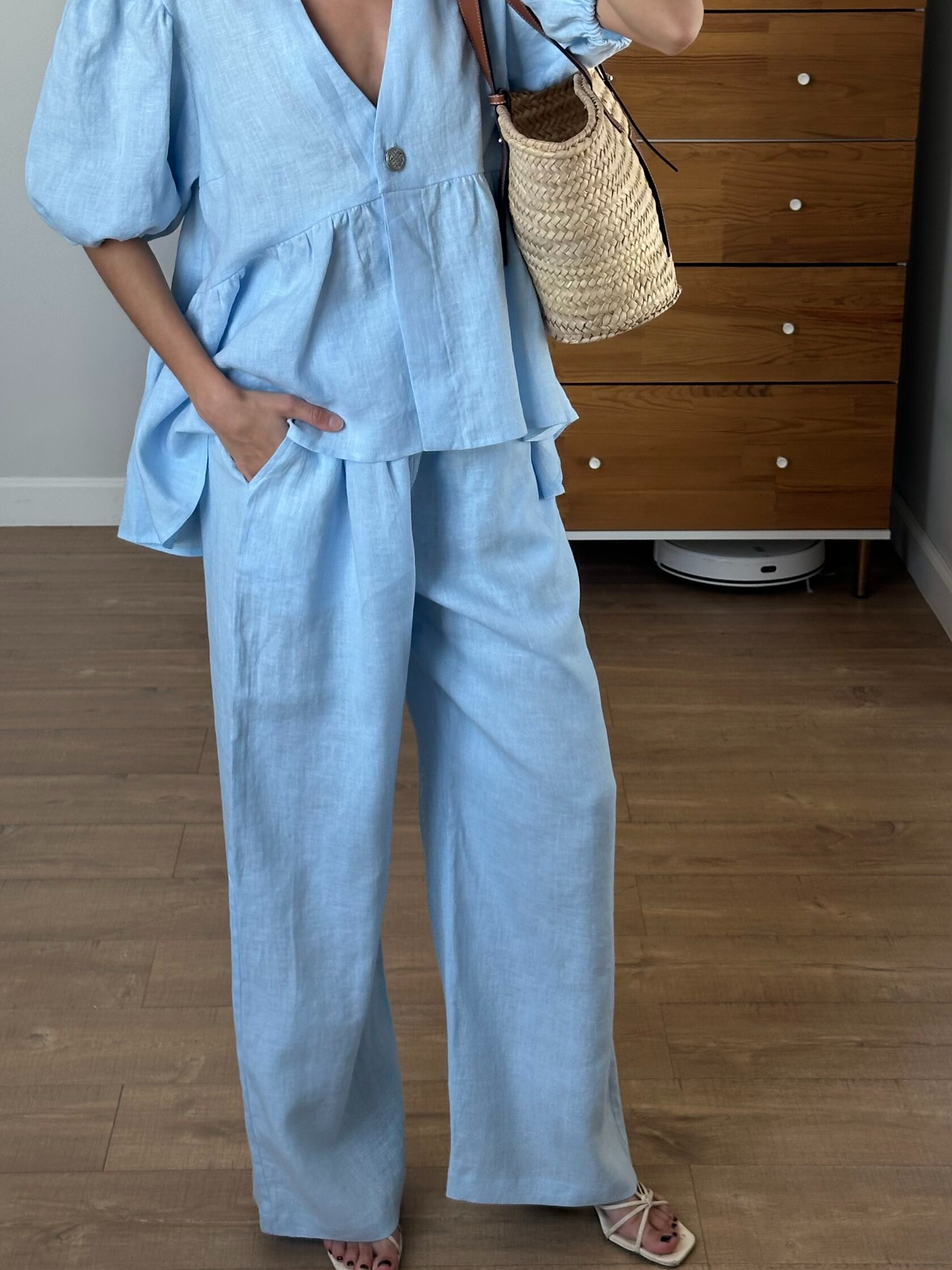 Women's Cotton Linen Two-Piece Set – Ruffled Bubble Sleeve Design