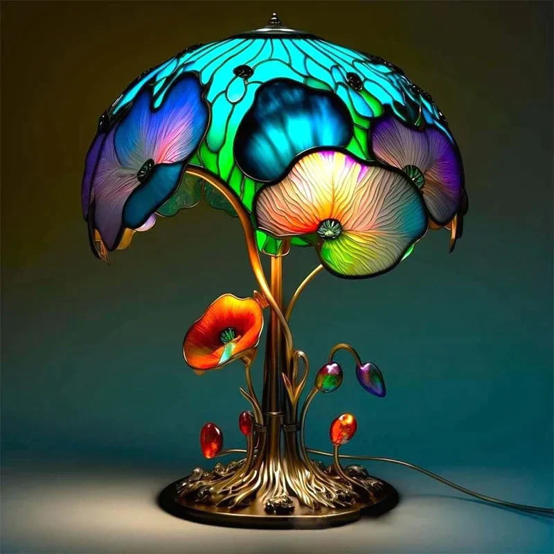 Colorful Stained Glass Table Lamp with Dimmable Light and Decorative Design