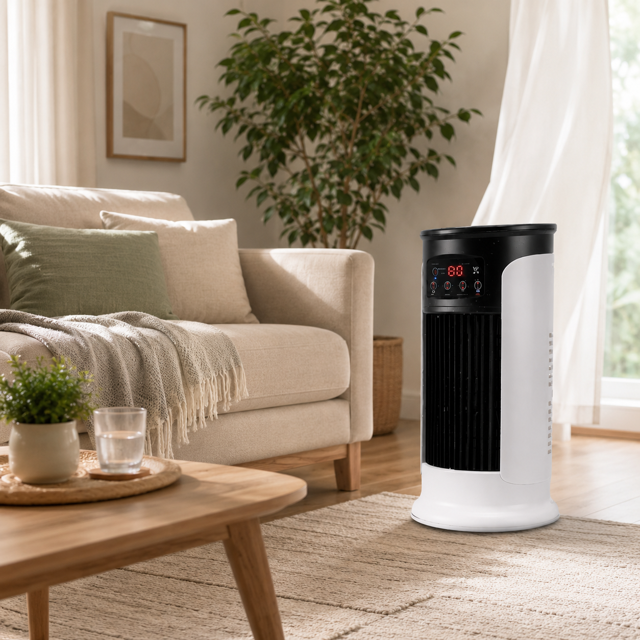 Compact Portable Tower Air Cooler with Humidifier, 3 Fan Speeds and LED Display