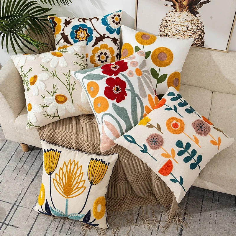 Floral Embroidered Canvas Cushion Cover