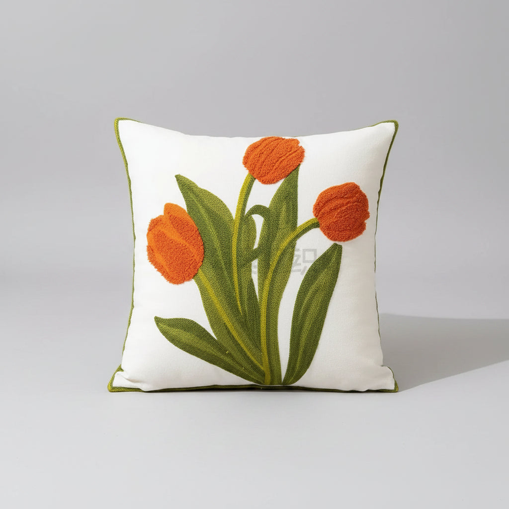 Floral Embroidered Canvas Cushion Cover