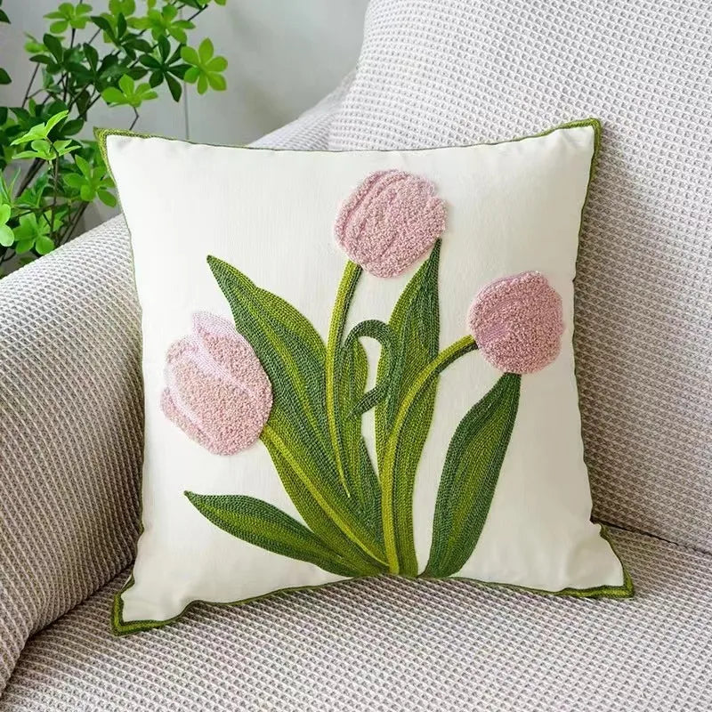 Floral Embroidered Canvas Cushion Cover