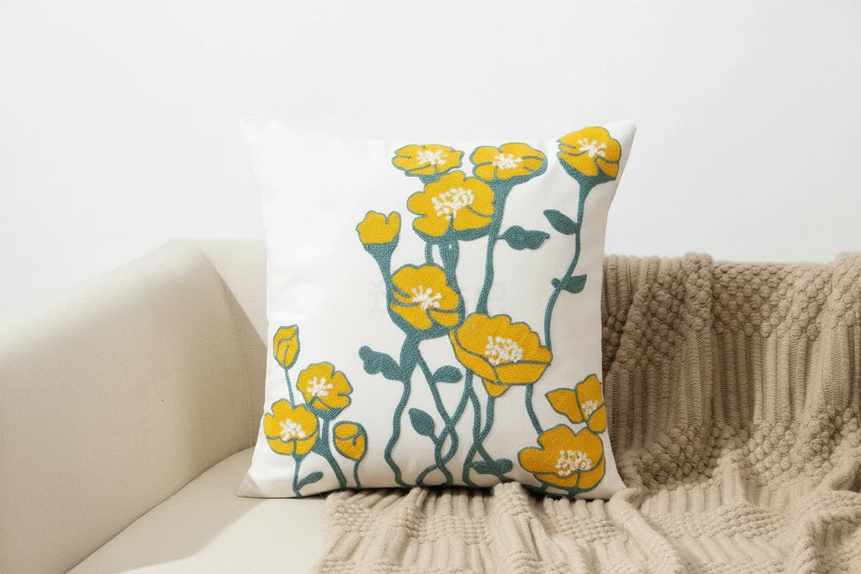 Floral Embroidered Canvas Cushion Cover