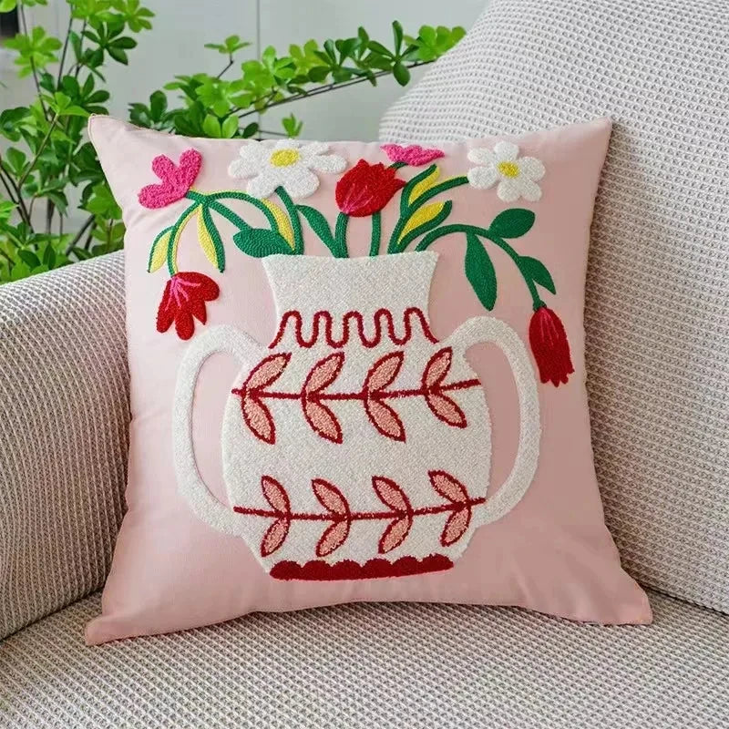 Floral Embroidered Canvas Cushion Cover