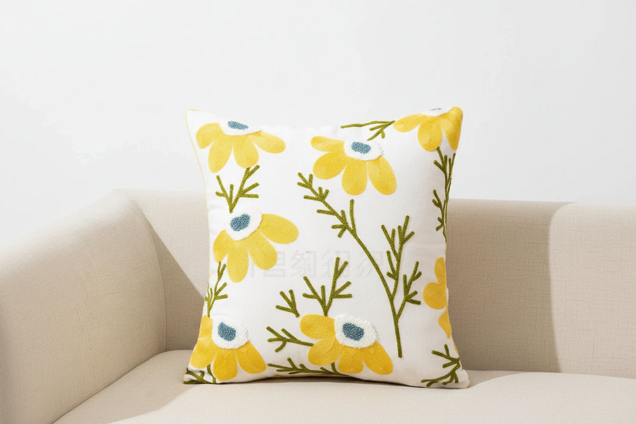 Floral Embroidered Canvas Cushion Cover