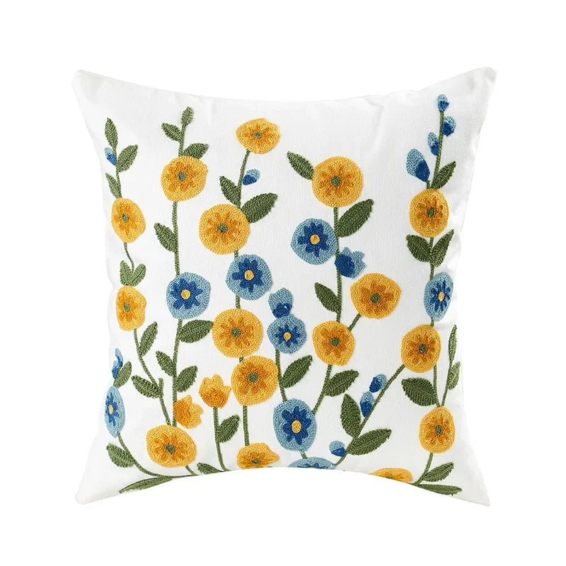 Floral Embroidered Canvas Cushion Cover