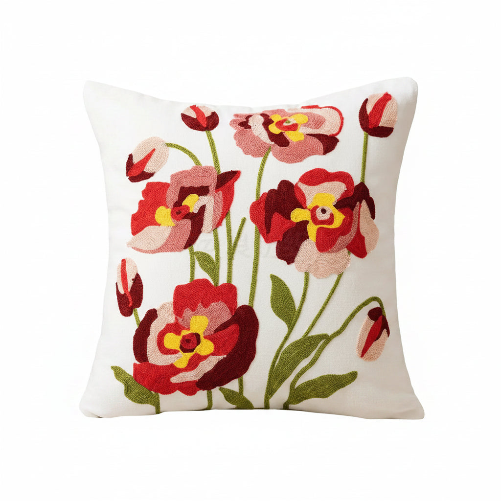 Floral Embroidered Canvas Cushion Cover