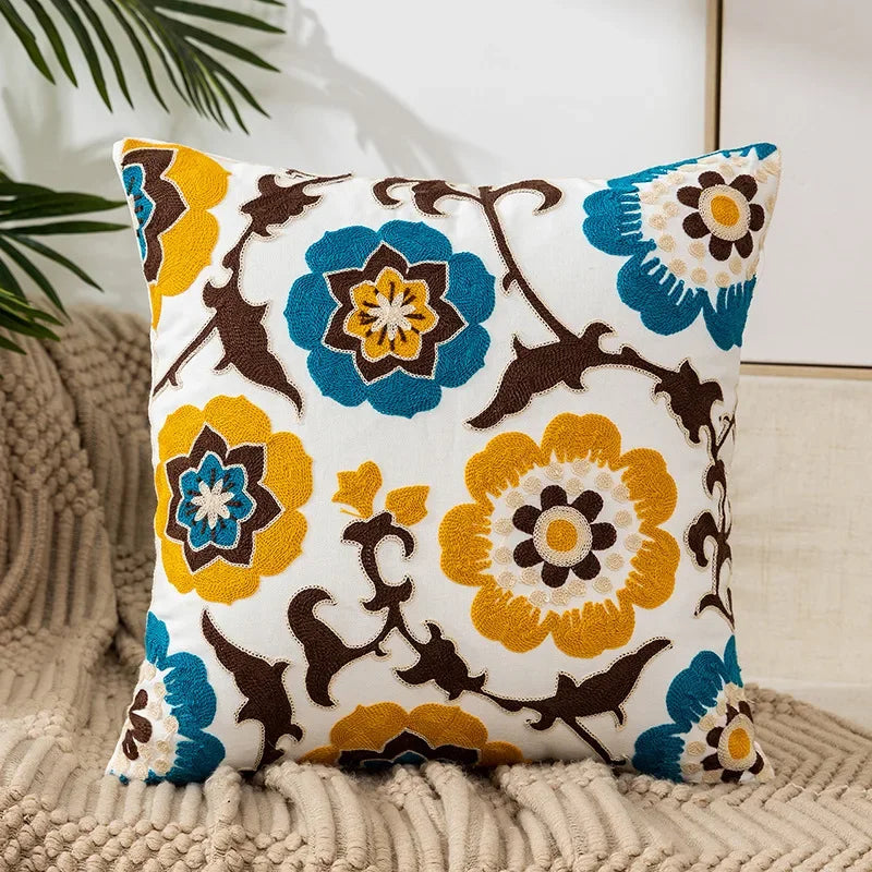Floral Embroidered Canvas Cushion Cover