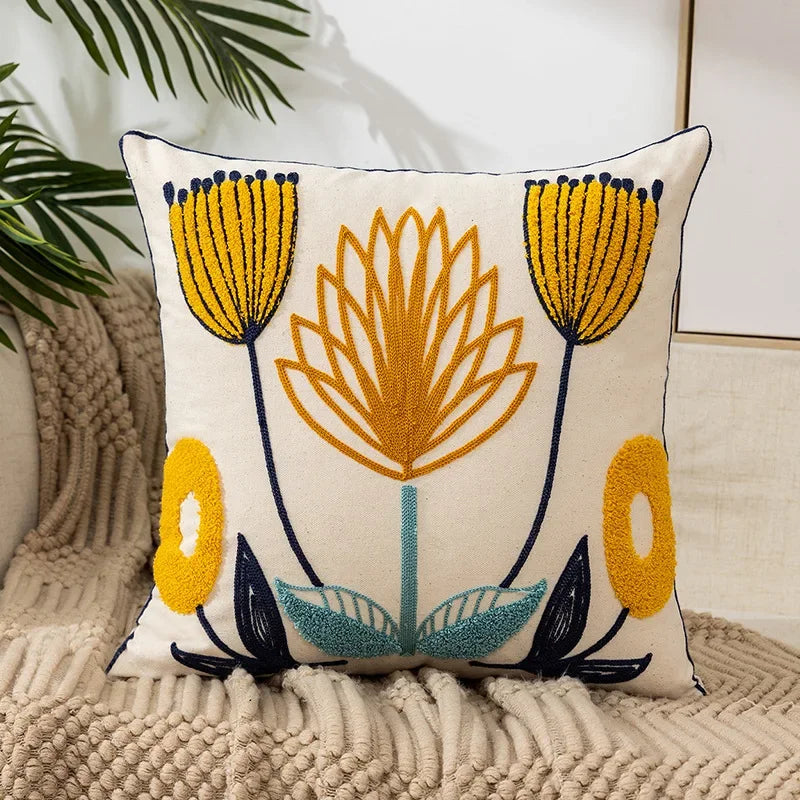 Floral Embroidered Canvas Cushion Cover