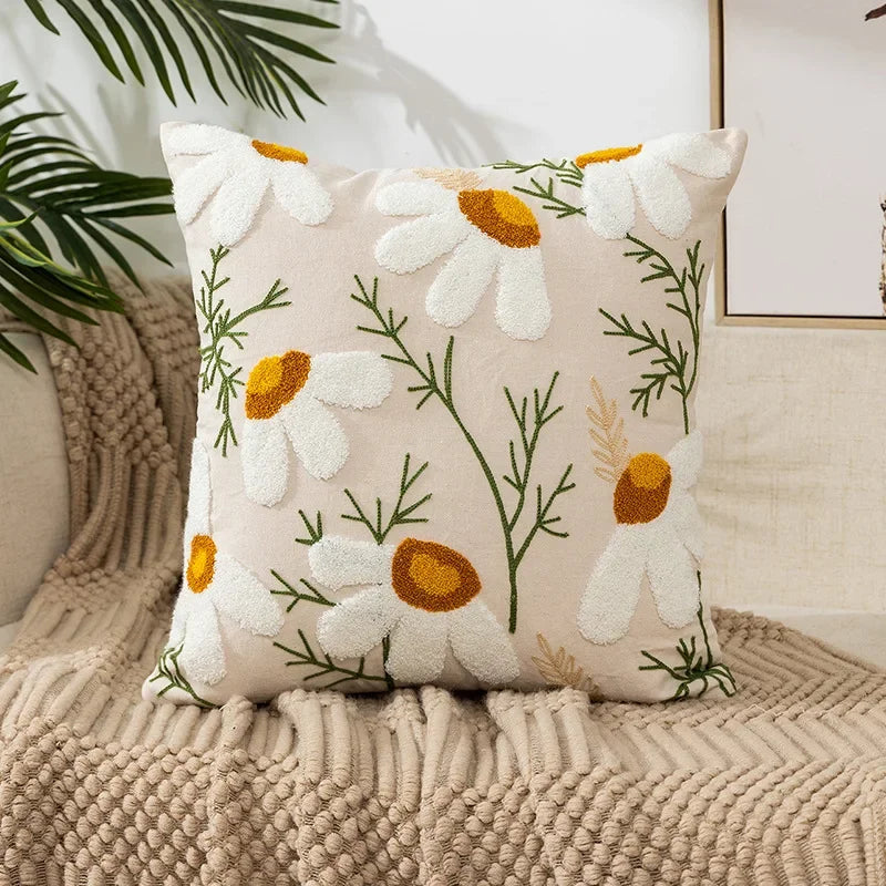 Floral Embroidered Canvas Cushion Cover