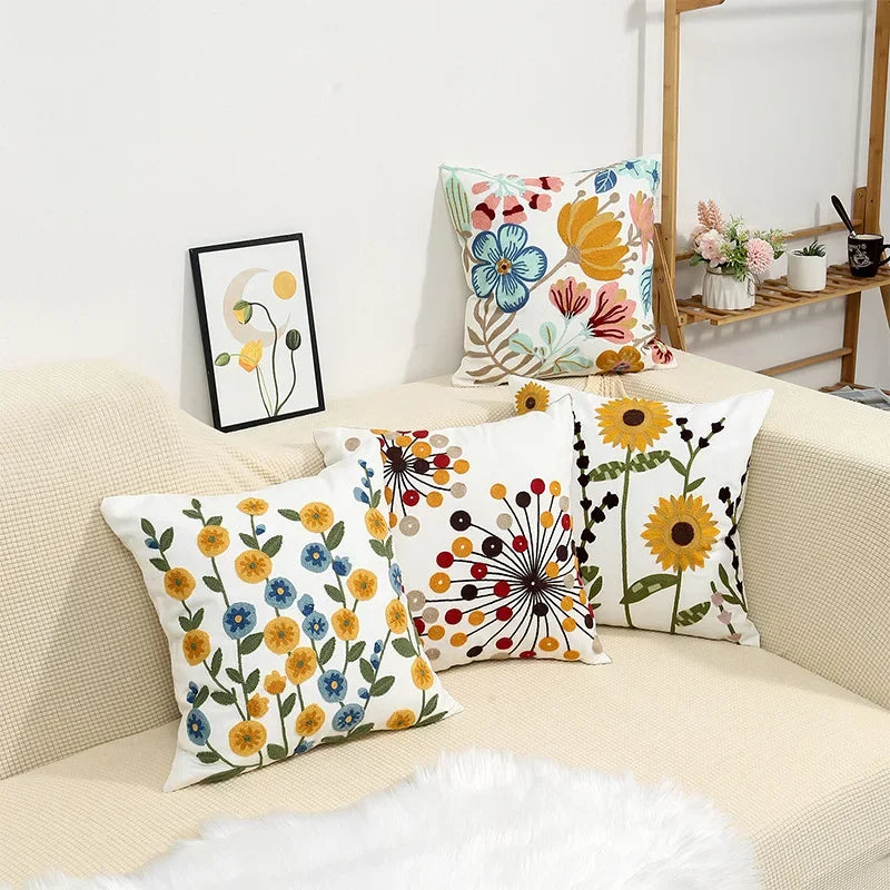 Floral Embroidered Canvas Cushion Cover