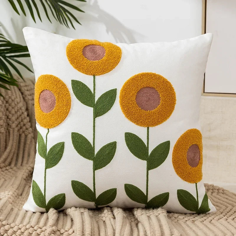 Floral Embroidered Canvas Cushion Cover