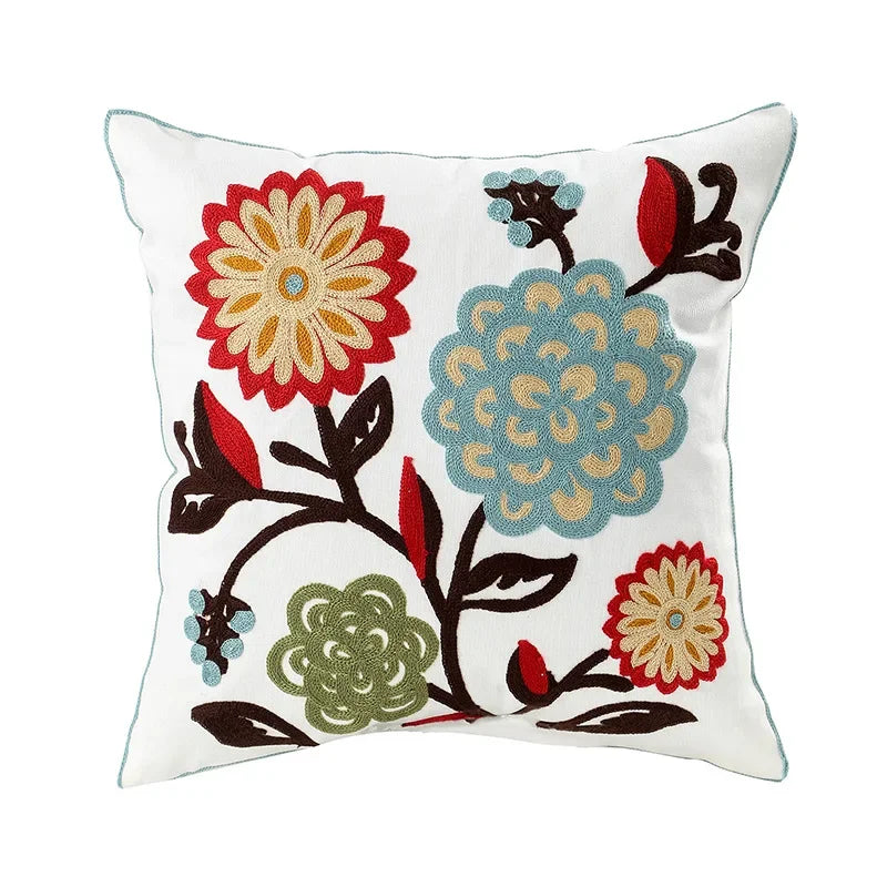 Floral Embroidered Canvas Cushion Cover