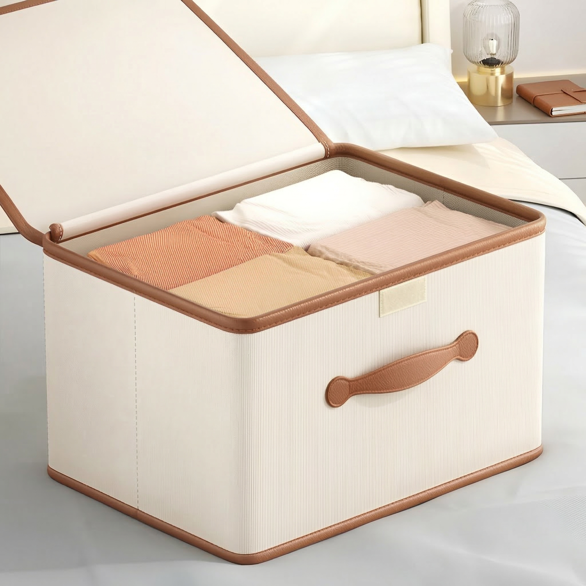 Foldable Storage Box with Lid – Textile Organizer with Handles for Clothes and Household Items