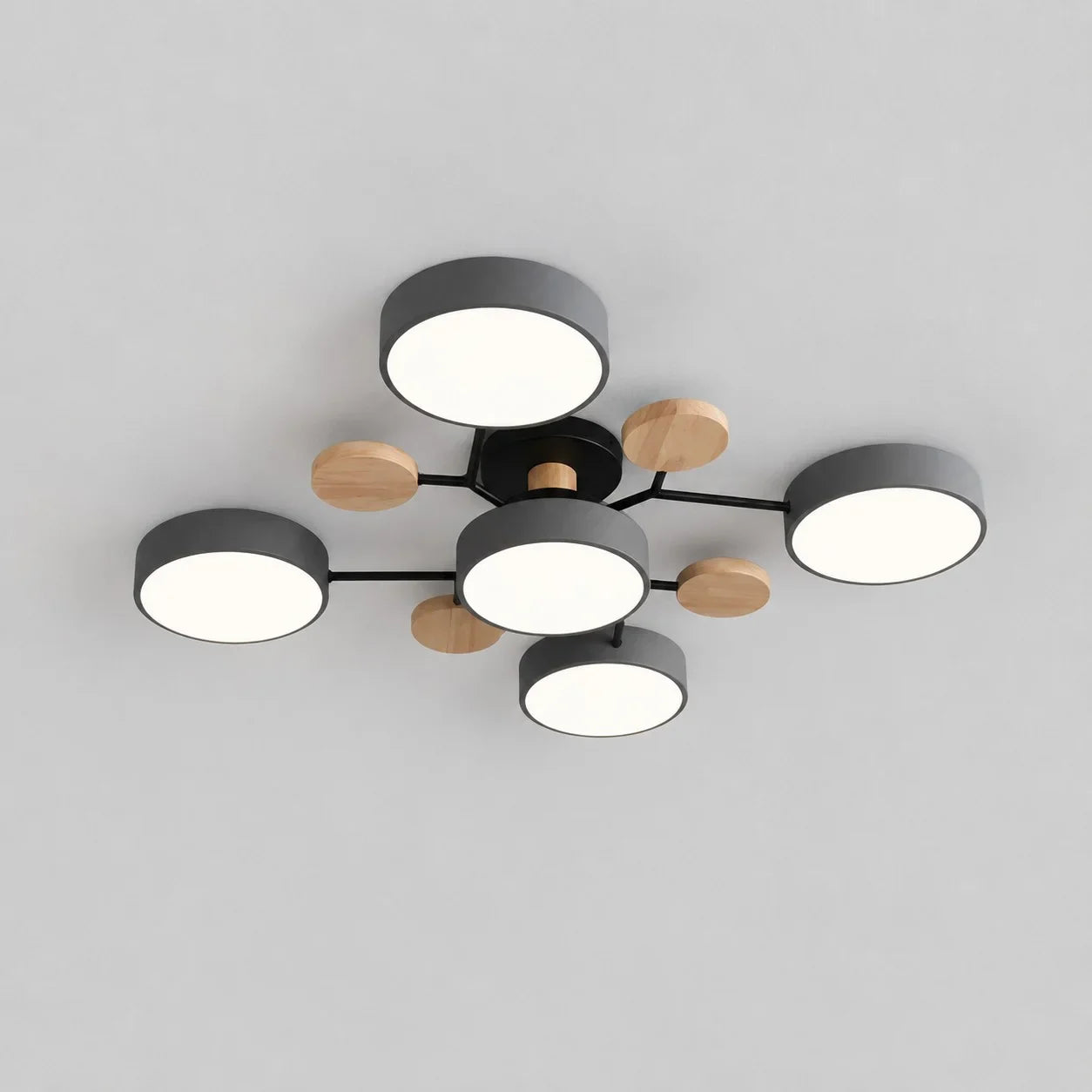 Macaron LED Ceiling Light with Geometric Multi-Head Design, Metal and Wooden Finish, Modern Nordic Style