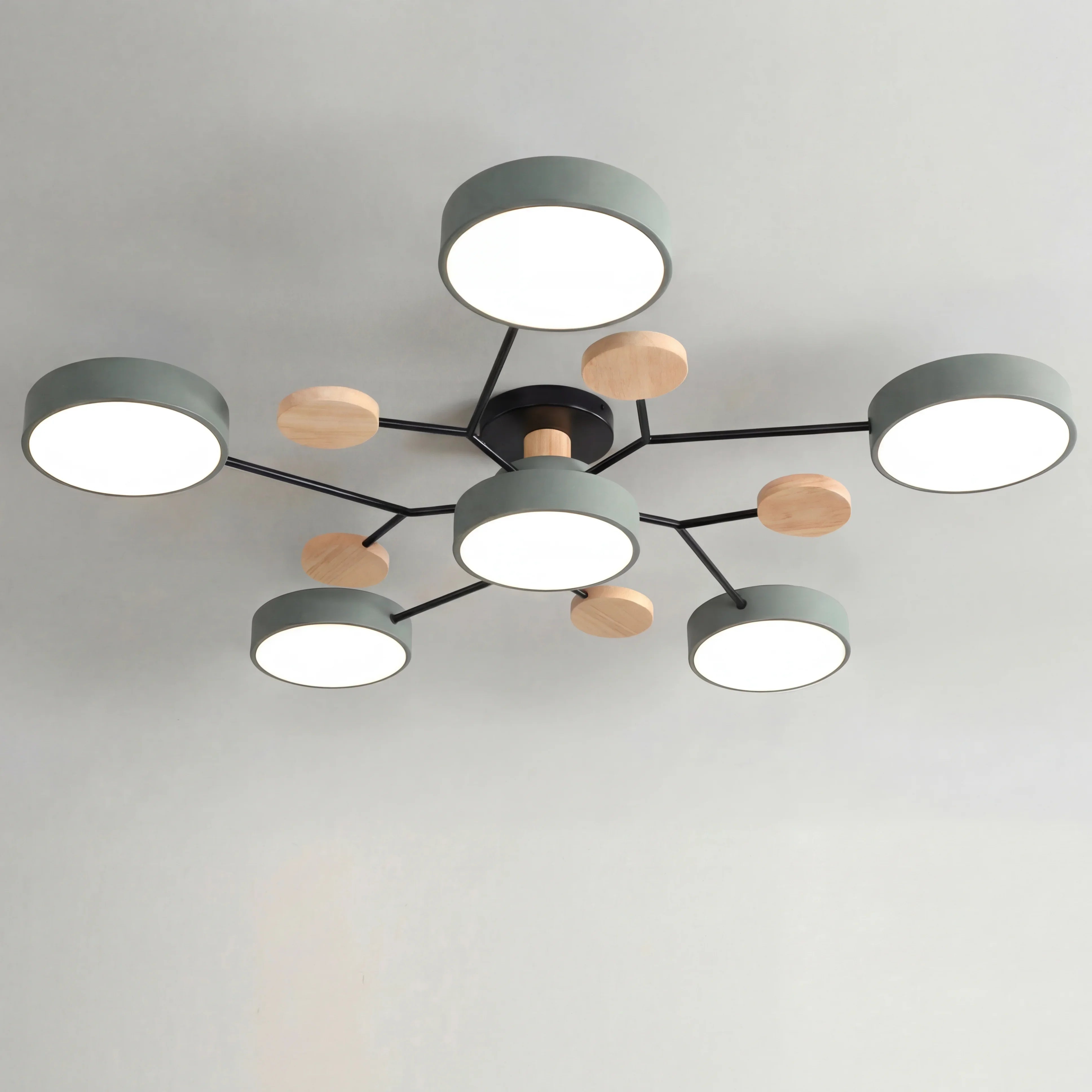 Macaron LED Ceiling Light with Geometric Multi-Head Design, Metal and Wooden Finish, Modern Nordic Style
