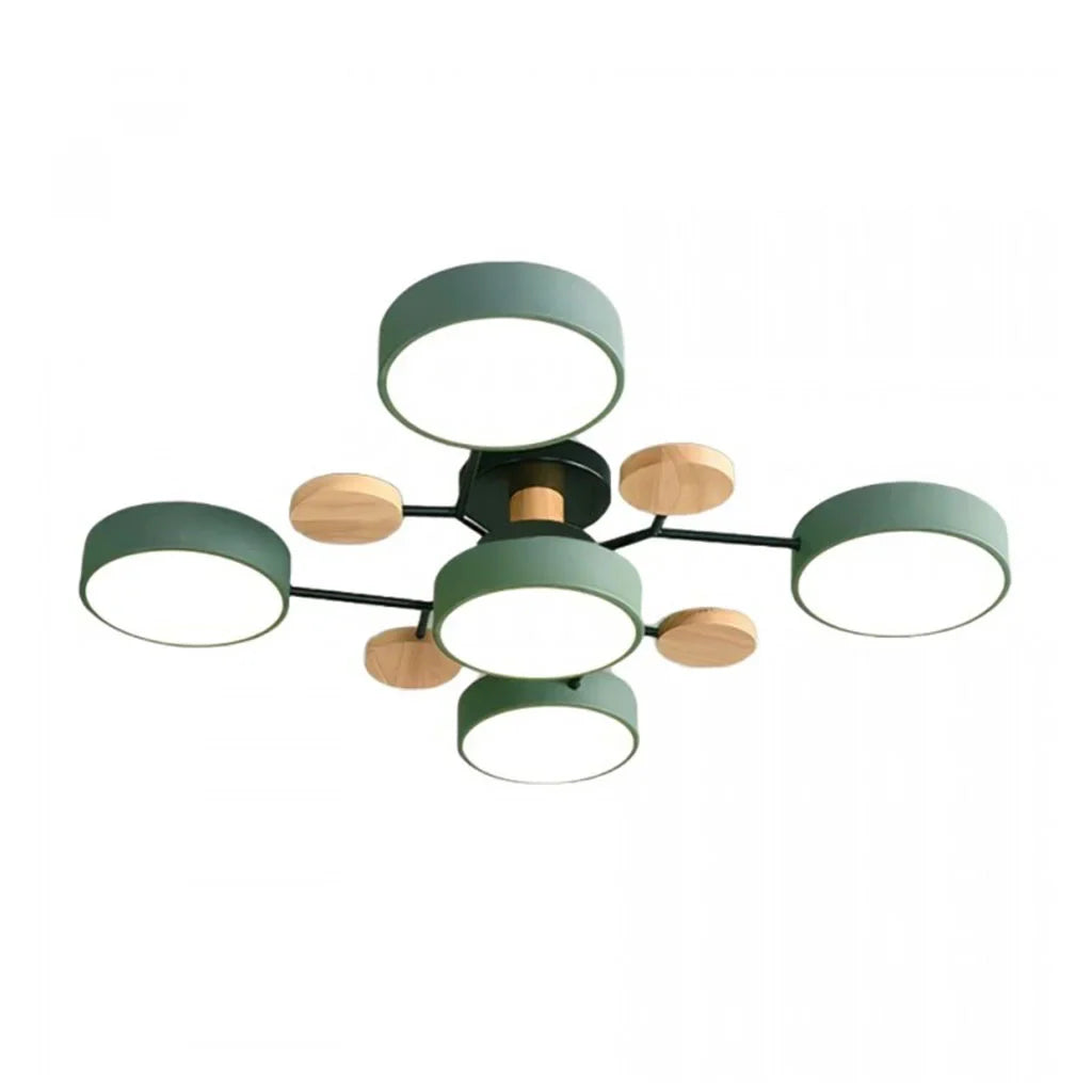 Macaron LED Ceiling Light with Geometric Multi-Head Design, Metal and Wooden Finish, Modern Nordic Style