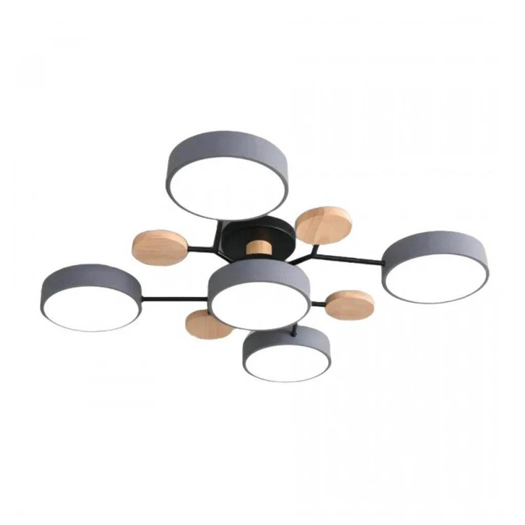 Macaron LED Ceiling Light with Geometric Multi-Head Design, Metal and Wooden Finish, Modern Nordic Style