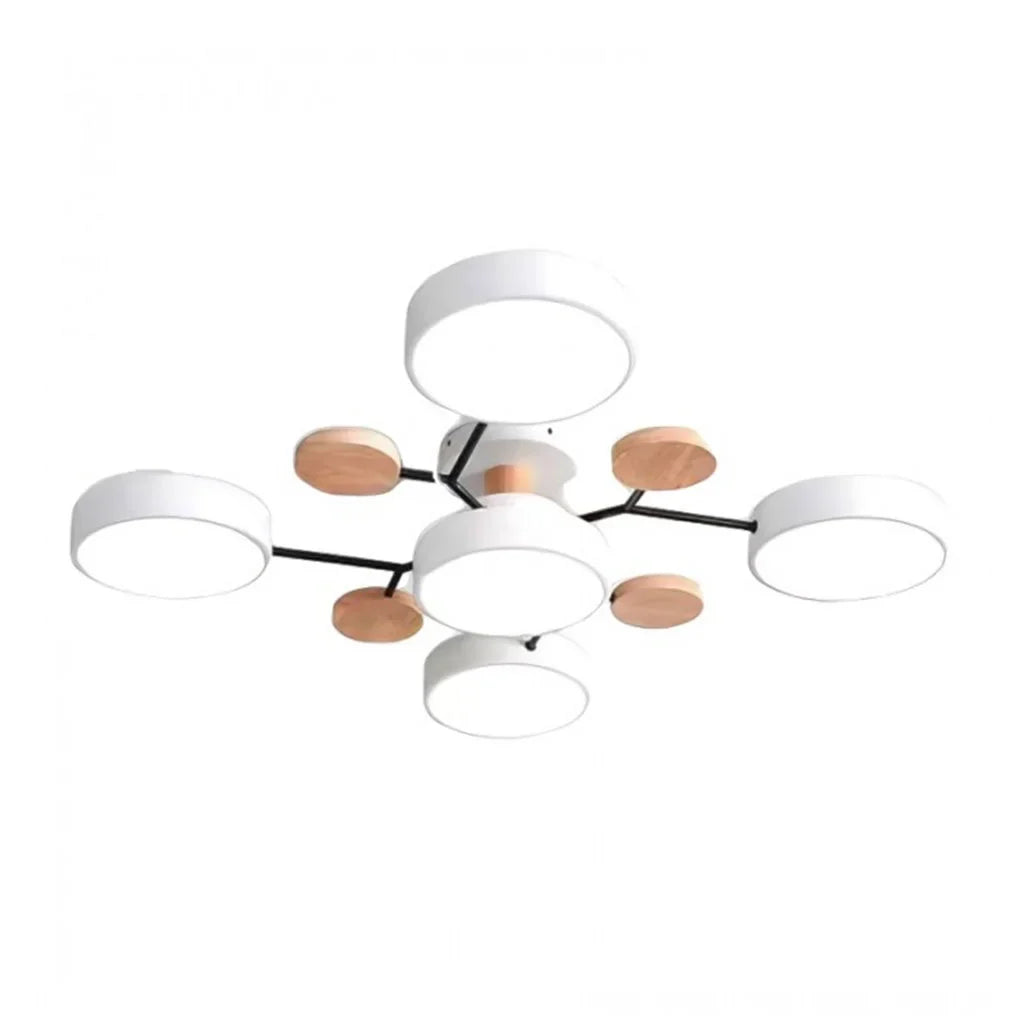 Macaron LED Ceiling Light with Geometric Multi-Head Design, Metal and Wooden Finish, Modern Nordic Style