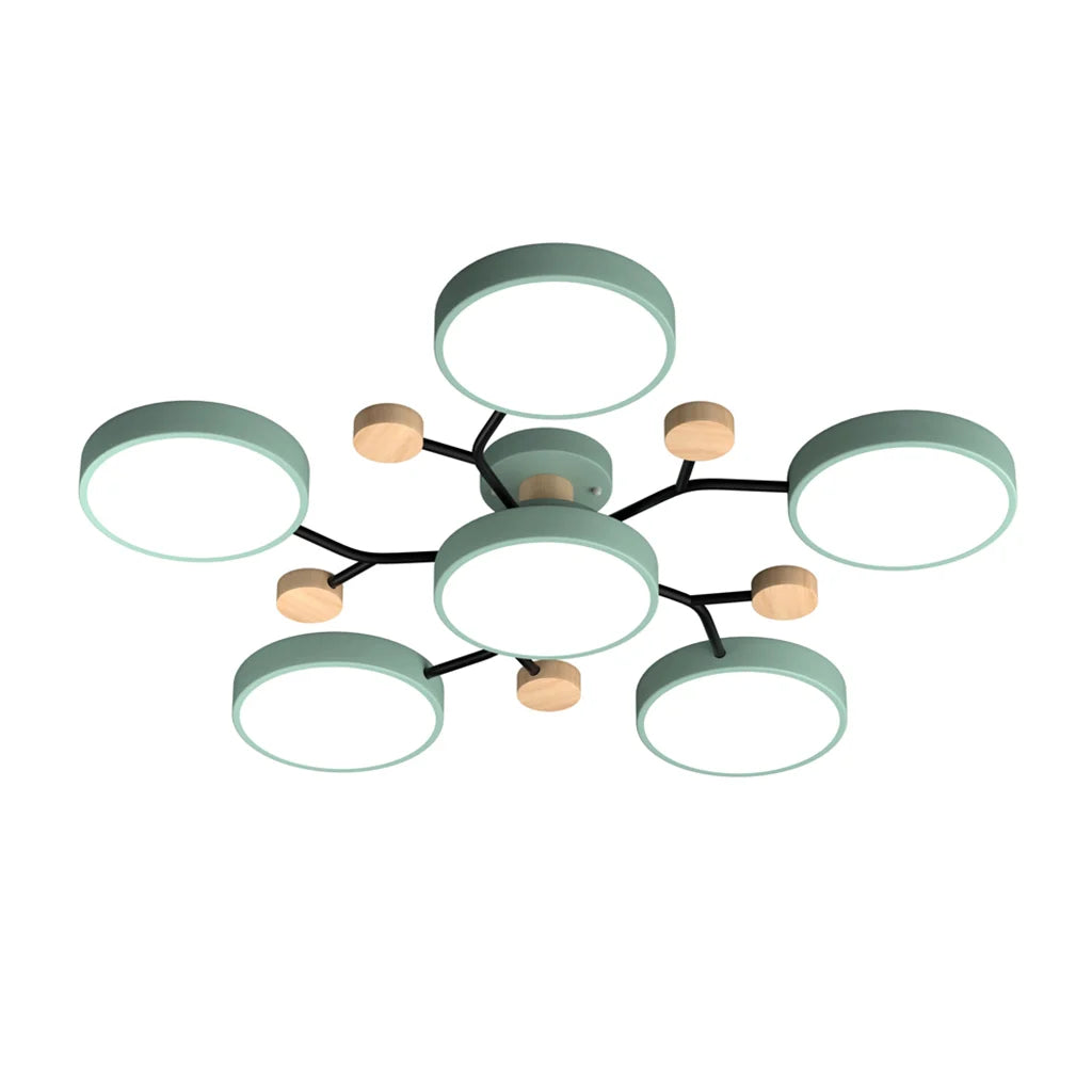 Macaron LED Ceiling Light with Geometric Multi-Head Design, Metal and Wooden Finish, Modern Nordic Style