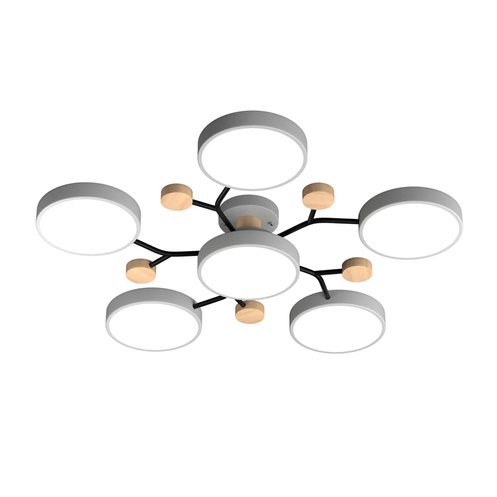Macaron LED Ceiling Light with Geometric Multi-Head Design, Metal and Wooden Finish, Modern Nordic Style