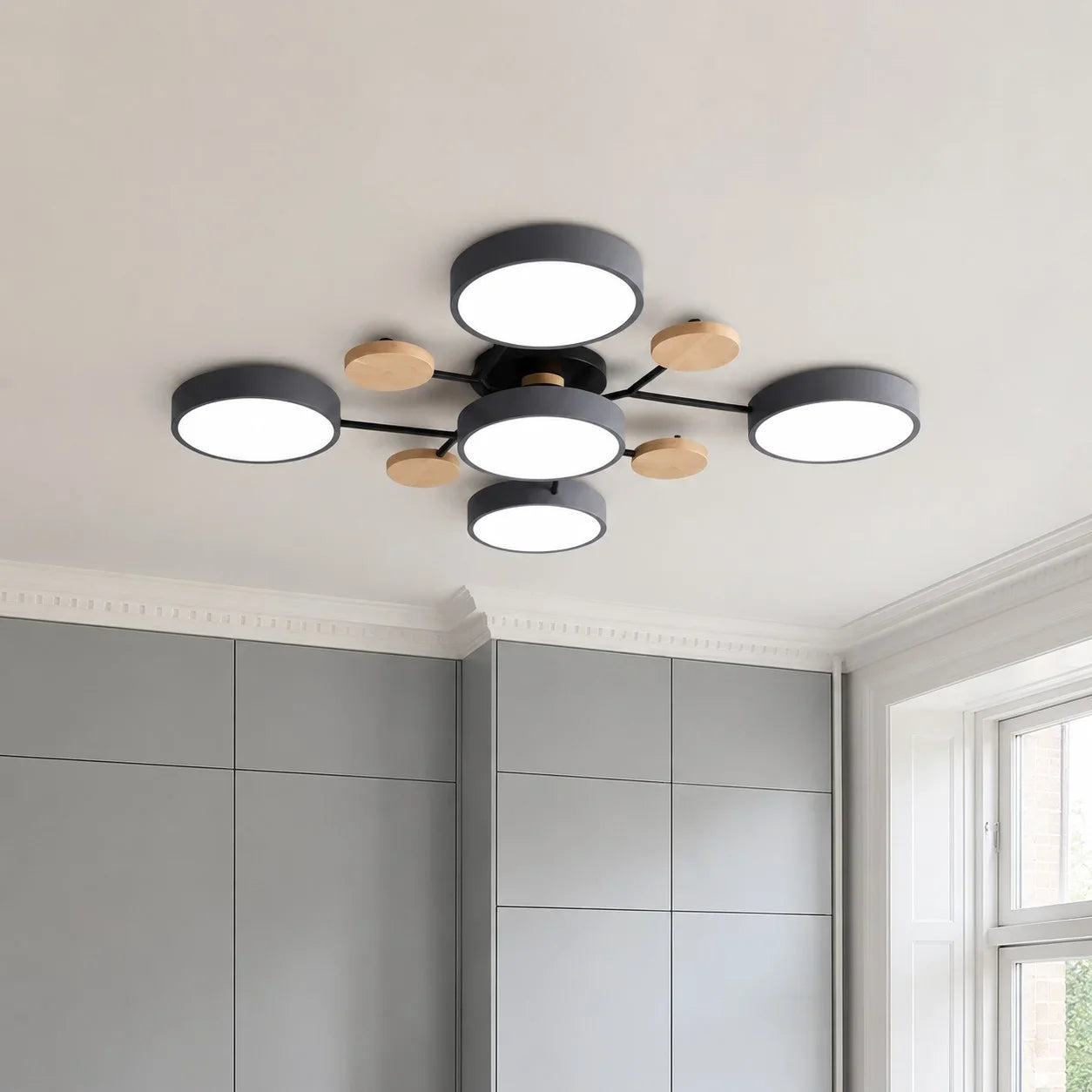 Macaron LED Ceiling Light with Geometric Multi-Head Design, Metal and Wooden Finish, Modern Nordic Style