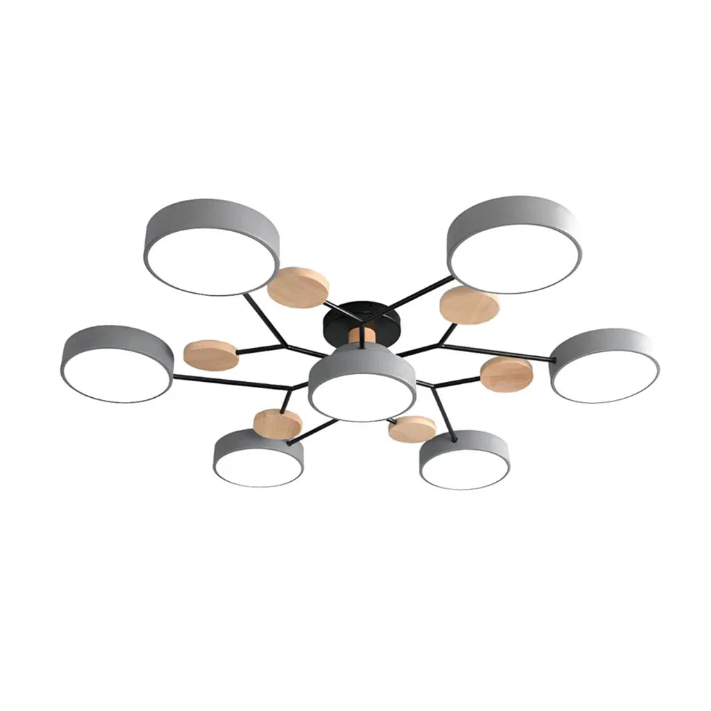 Macaron LED Ceiling Light with Geometric Multi-Head Design, Metal and Wooden Finish, Modern Nordic Style