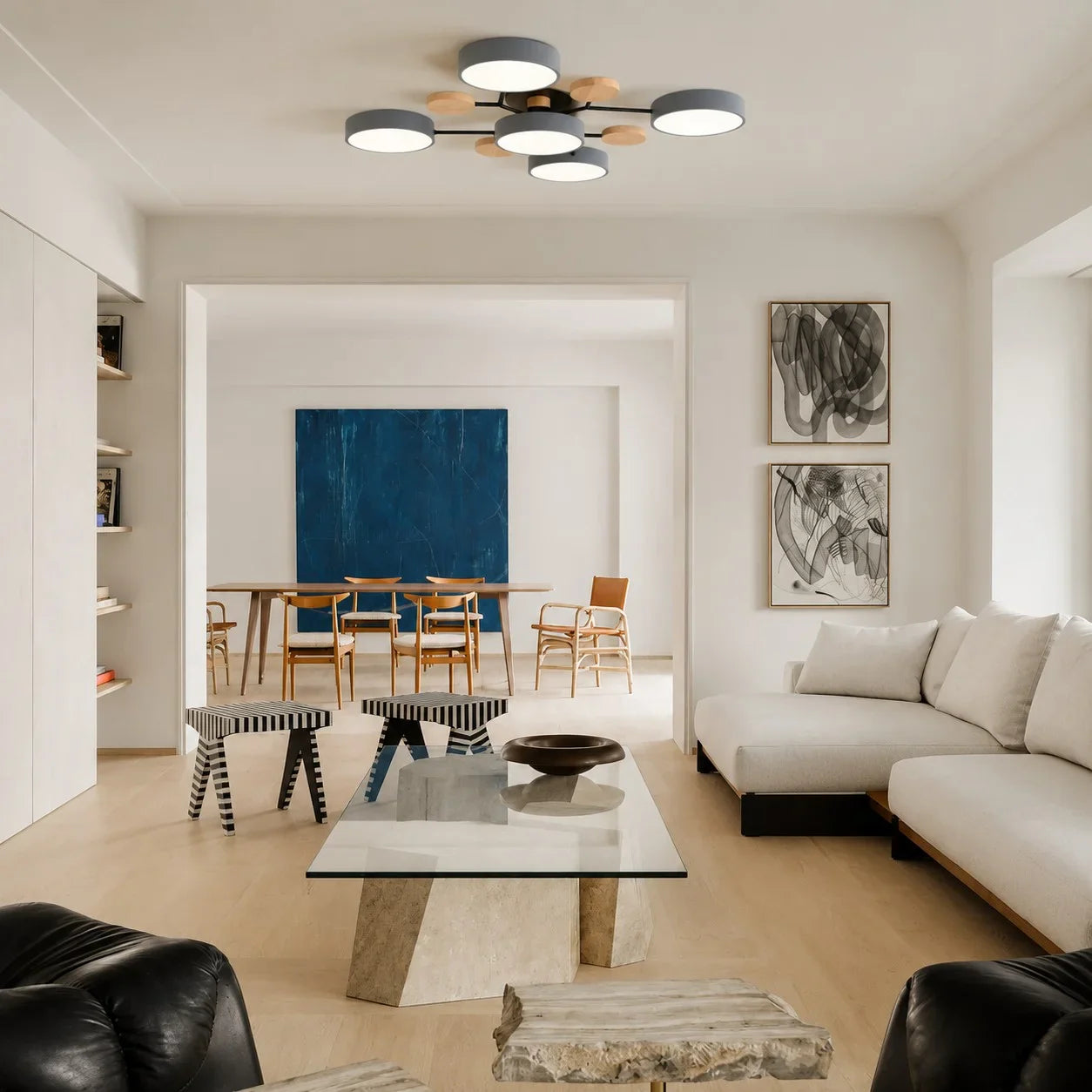 Macaron LED Ceiling Light with Geometric Multi-Head Design, Metal and Wooden Finish, Modern Nordic Style