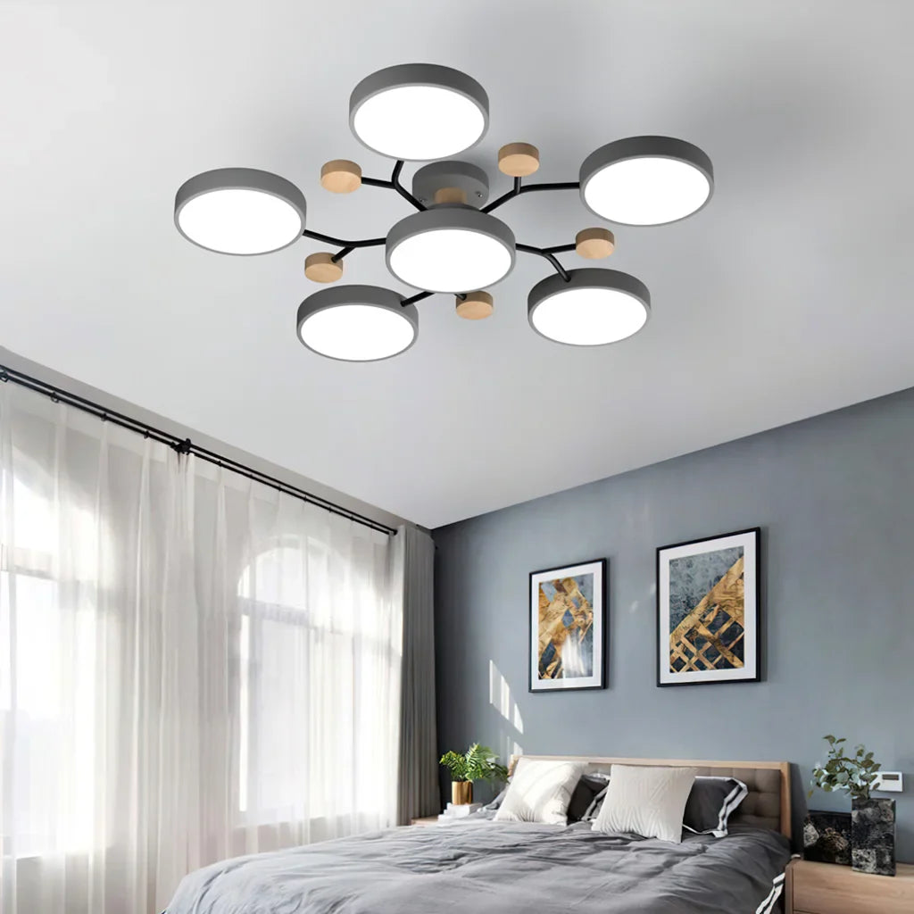 Macaron LED Ceiling Light with Geometric Multi-Head Design, Metal and Wooden Finish, Modern Nordic Style