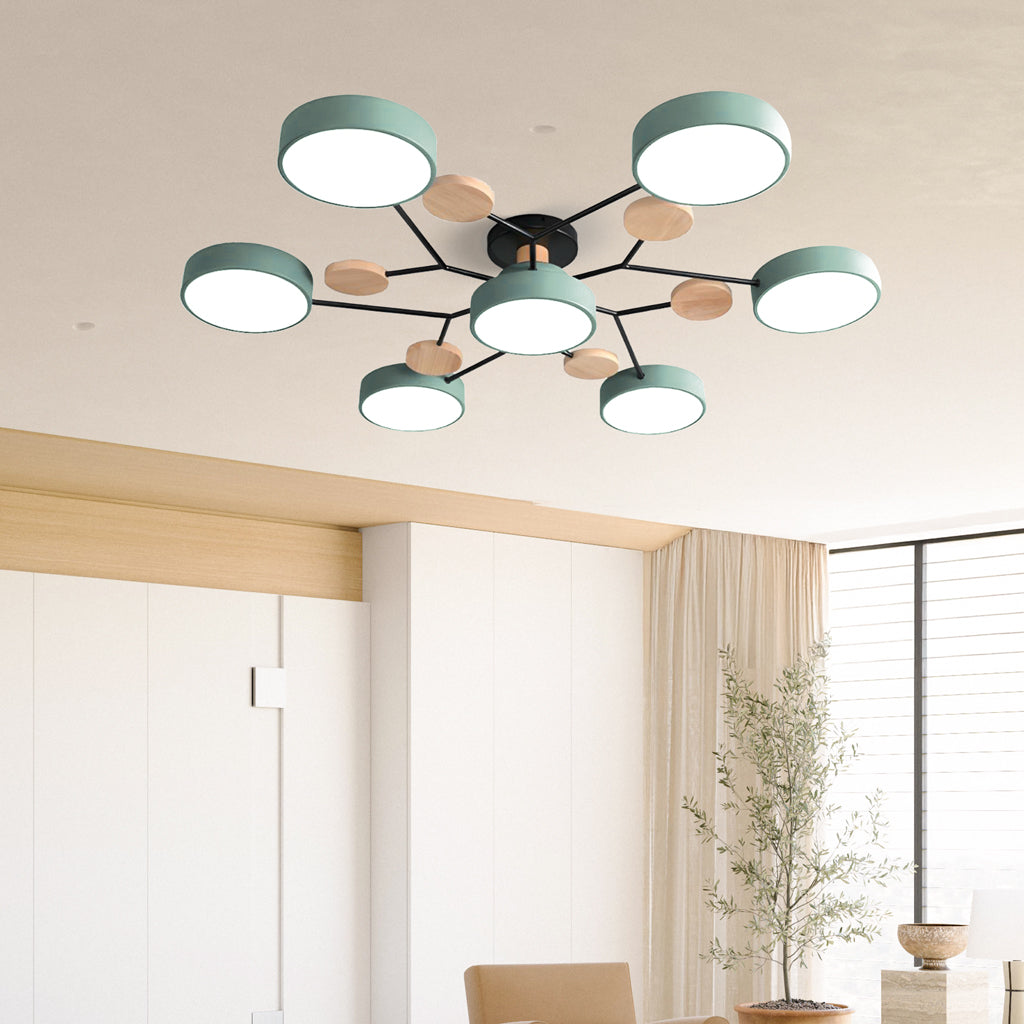 Macaron LED Ceiling Light with Geometric Multi-Head Design, Metal and Wooden Finish, Modern Nordic Style