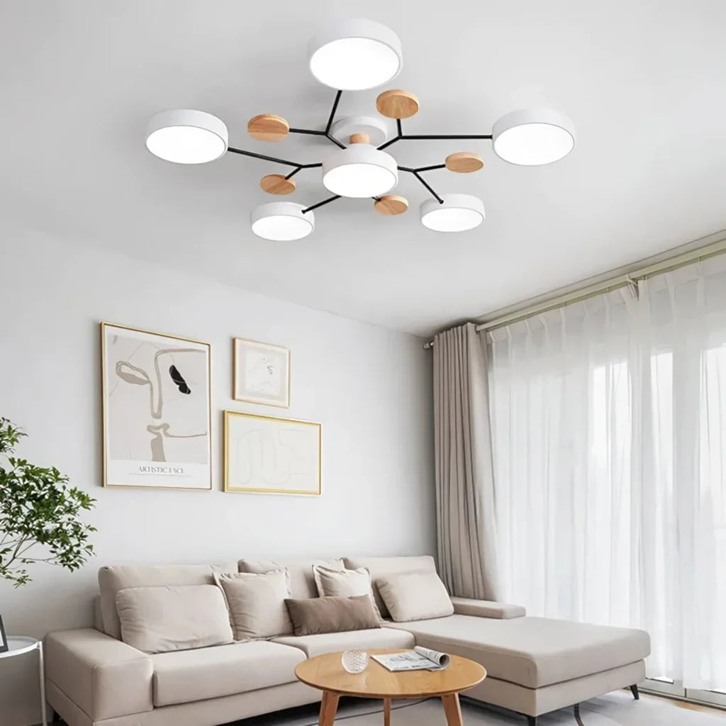 Macaron LED Ceiling Light with Geometric Multi-Head Design, Metal and Wooden Finish, Modern Nordic Style