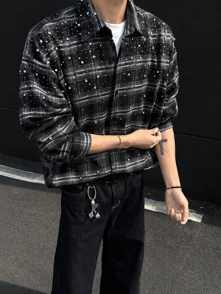 Men’s Rhinestone Plaid Shirt
