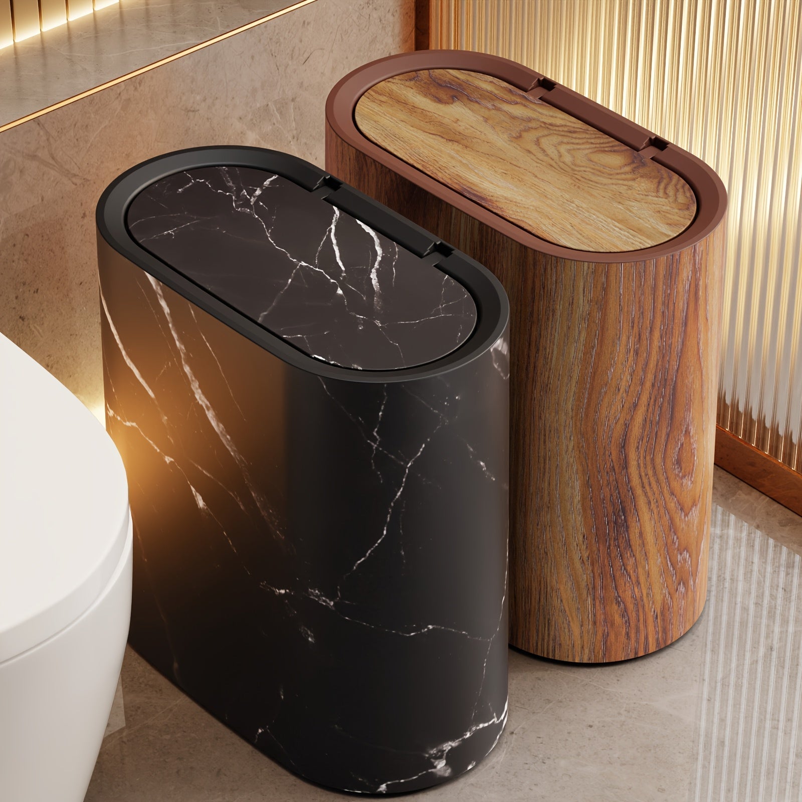 Modern Marble Trash Can with Lid, Oval Bathroom and Kitchen Waste Bin
