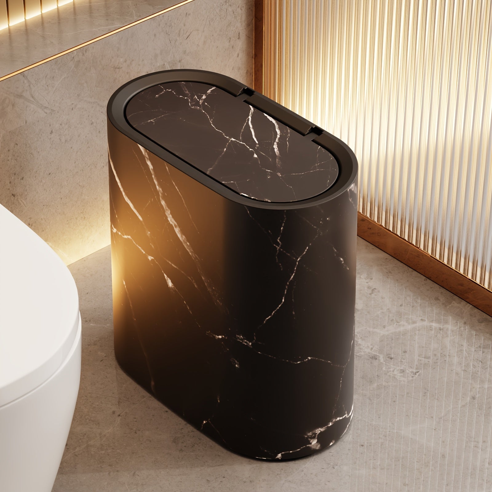 Modern Marble Trash Can with Lid, Oval Bathroom and Kitchen Waste Bin