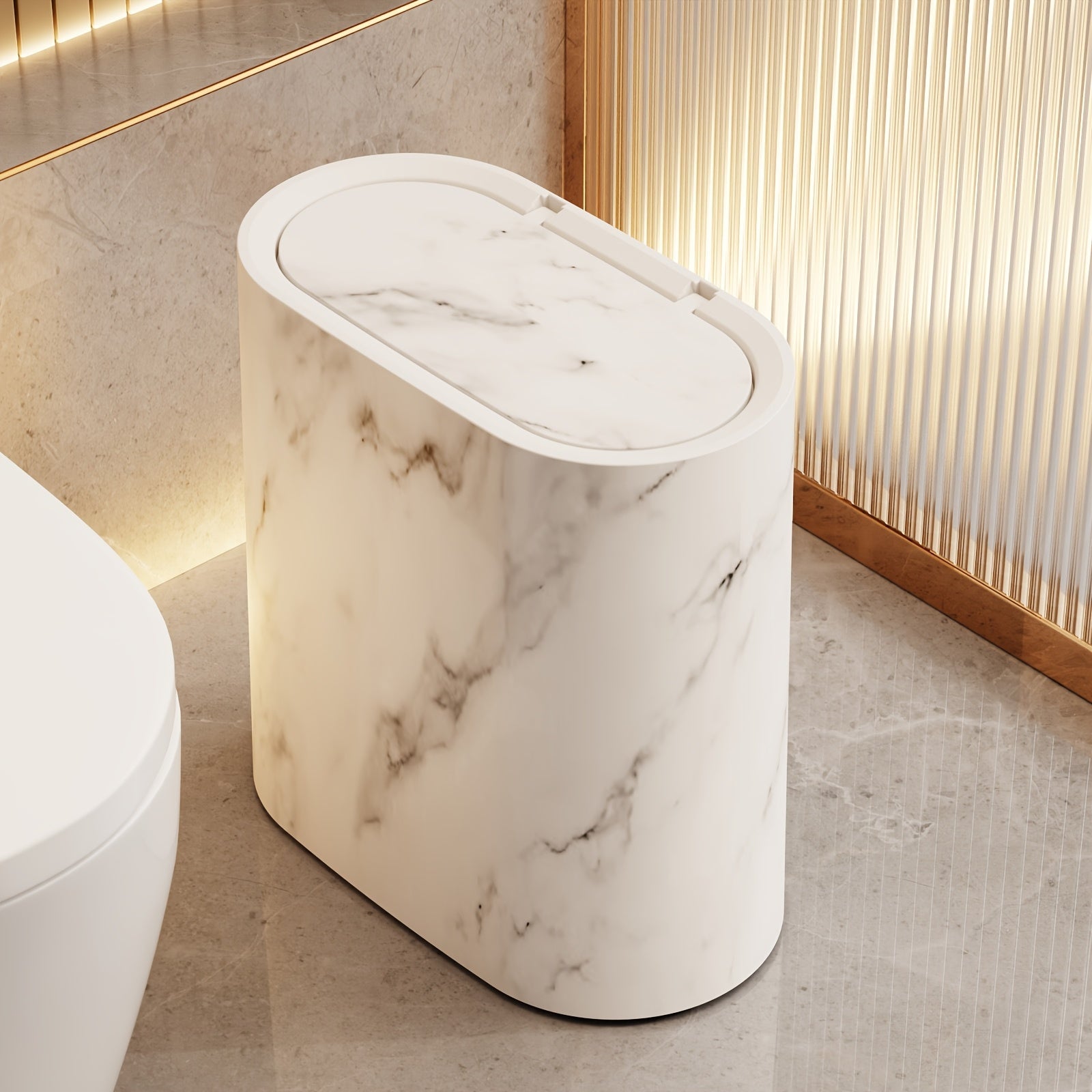 Modern Marble Trash Can with Lid, Oval Bathroom and Kitchen Waste Bin