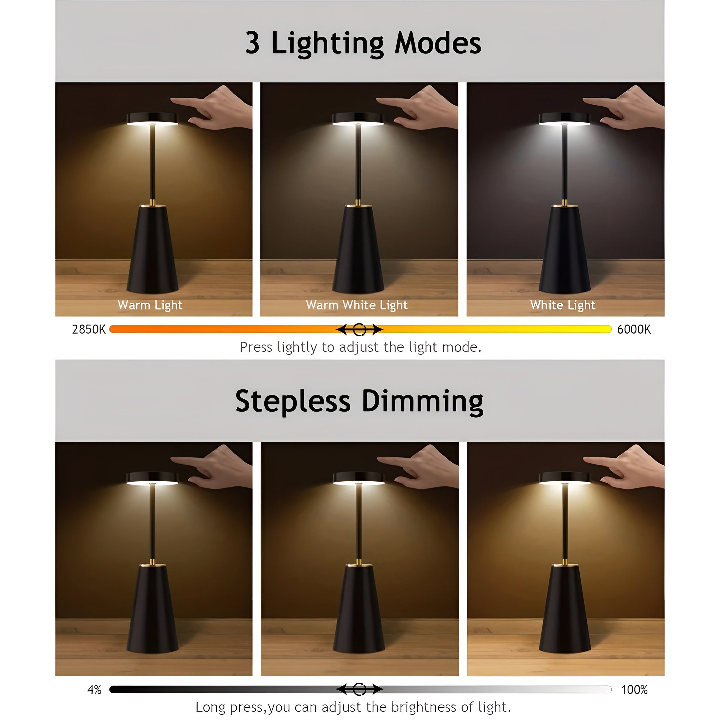 Rechargeable Cordless Metal Table Lamp with Touch Control and Adjustable Colour Temperature