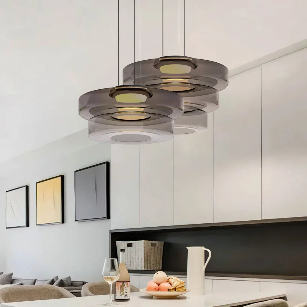 Nordic Creative Glass Pendant Light with Multi-Layer Disc Shade, Modern Macaron Design for Kitchen Island